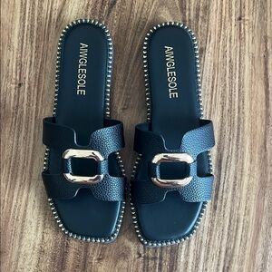 Black Sandals with Gold Buckle
